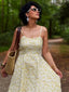 Gelb 1950er Blumen Jacquard Strukturiert Spaghetti Träger Midi Kleid