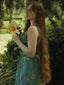 Grün 1930er Blumen Netz Stäbchen Schnürung Kleid