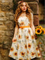 Orange 50er Kleid mit Sonnenblumen und Herzausschnitt
