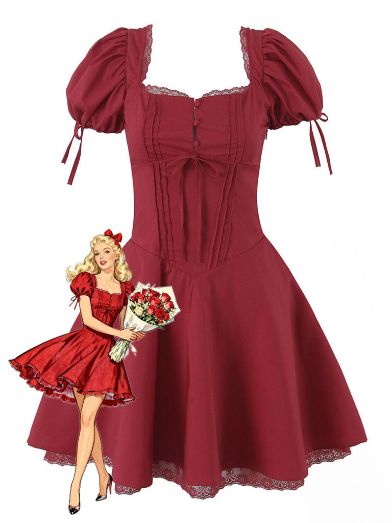 Rot 1960er Solide Puffärmel Schnürung Kleid