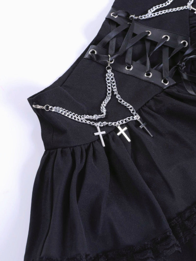 Schwarz 1980er Gothic Chain Kreuz Spitze Lagen Rock