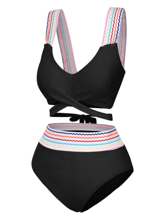 1940er Regenbogen Schnürung Patchwork Gurt Bikini Set