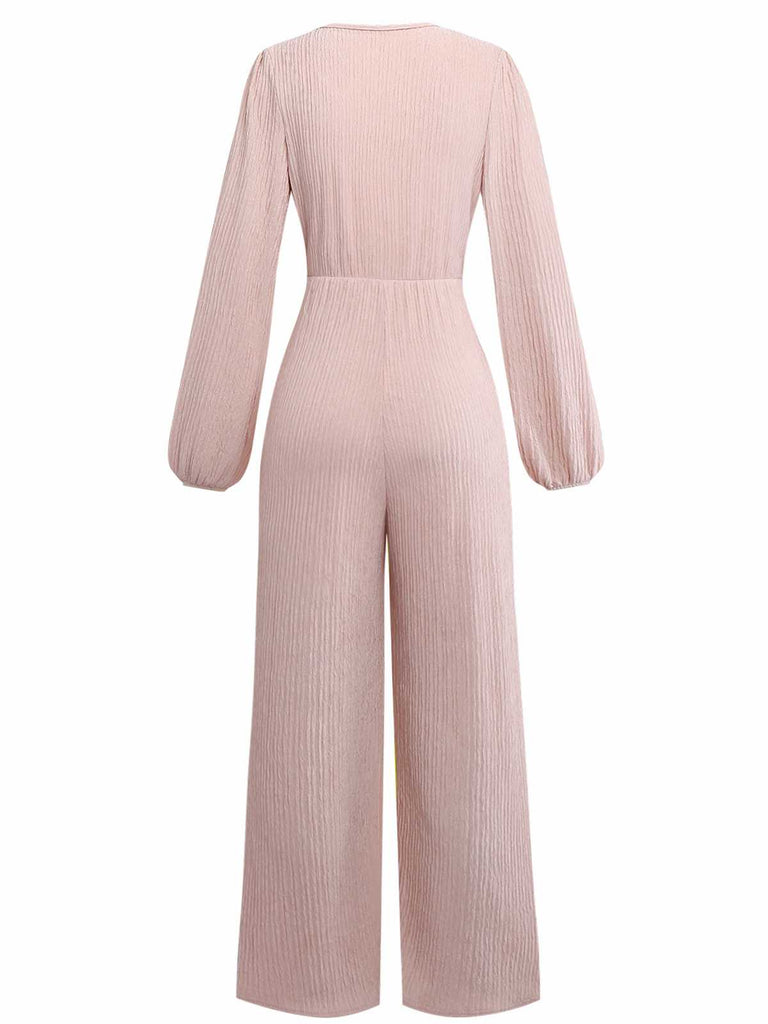 1970er Solide V-Ausschnitt Twist Langarm Jumpsuit