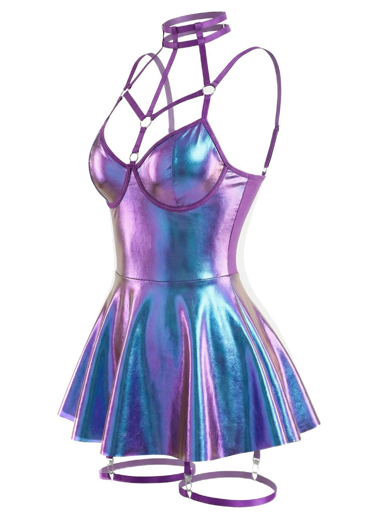 Blau 1970er Lackleder Halter Laser Slip Nachthemd