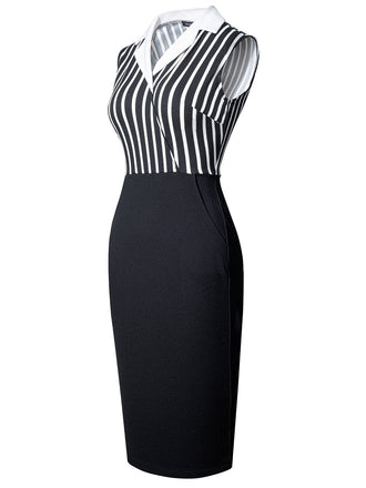 Schwarz 1960er Streifen Patchwork Revers Bleistiftkleid