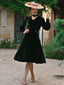 Grün 1950er Schlüsselloch V-Ausschnitt Perle Samt Kleid