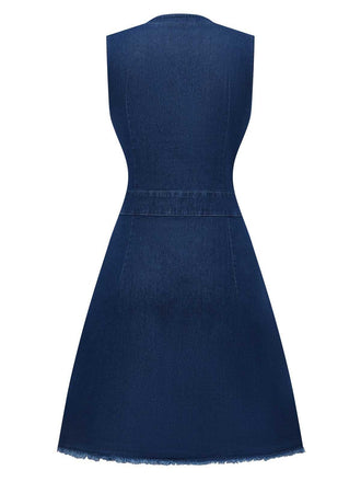 Blau 1970er Taschen Ärmellos A-Linie Denim Kleid