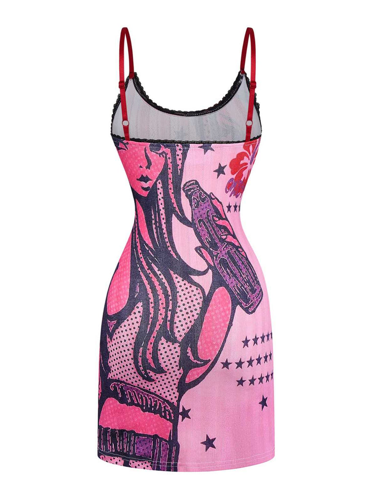 Rosa 2000er Slip Spitze Besatz Comic Druck Kleid