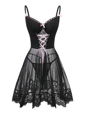 Schwarz 1950er Spaghetti Träger Bogen Spitze Nachtwäsche