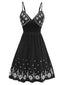 Schwarz 1970er Boho Besticktes Blumen Zurück-Bogen Kleid