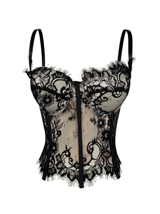 Schwarz 1980er Spitze Steampunk Fischgräten Korsett