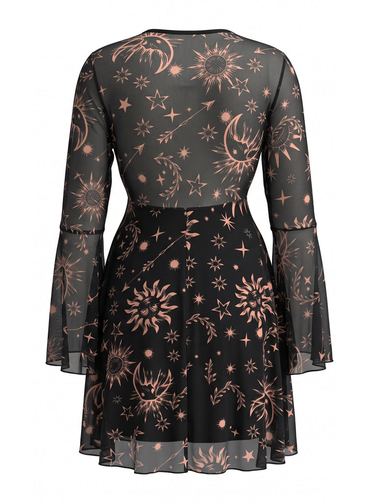 [Übergröße] Schwarzes 80er Meshkleid mit Kosmosprint