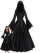 Schwarzes 70er Hexenkleid mit Kapuze und Mittelalter-Look