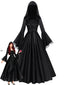 Schwarzes 70er Hexenkleid mit Kapuze und Mittelalter-Look