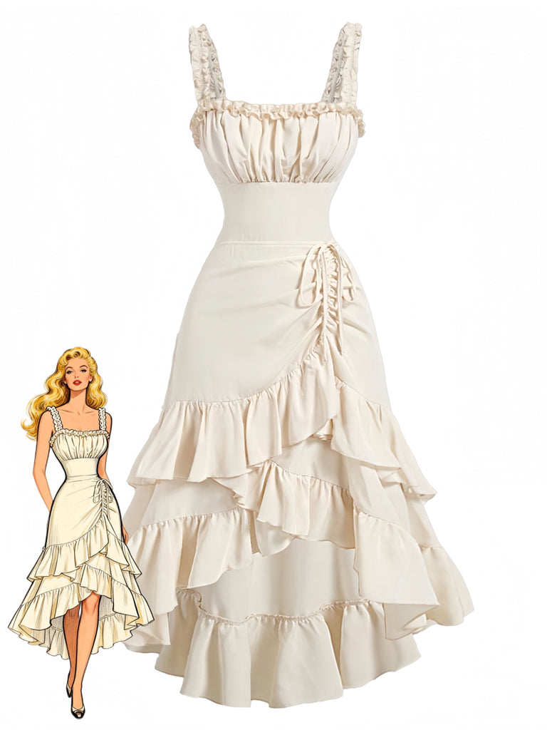 Vorderseite: Beiges Trägerkleid im Stil der 1980er Jahre mit Rüschensaum, Vintage-Charme, perfekt für Vintage-Modeliebhaber