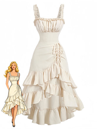 Vorderseite: Beiges Trägerkleid im Stil der 1980er Jahre mit Rüschensaum, Vintage-Charme, perfekt für Vintage-Modeliebhaber