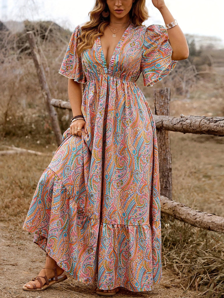 Paisley-Kleid im Vintage-Stil der 1940er Jahre mit V-Ausschnitt – Vintage-Kleid, Retro-Mode
