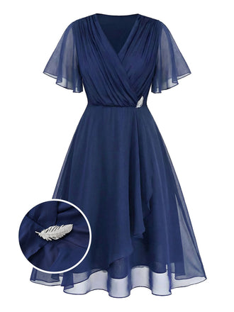 [Übergröße] Marineblau 1940s Brosche Chiffon Wickel Kleid-with-detail
