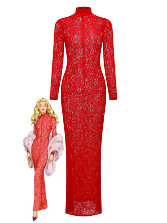 Rot 1980er Hochkragen Sheer Spitze Bodycon Maxi Kleid