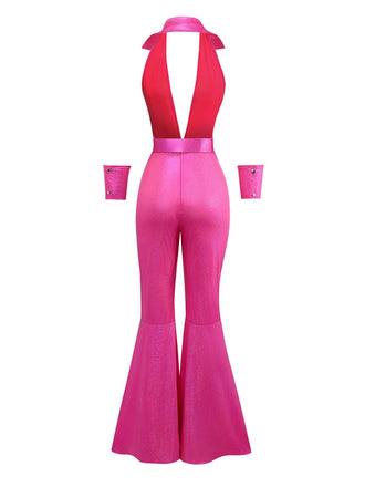 [Vorverkauf] Rosa 1970er Tief V-Ausschnitt Disko Metallisch Jumpsuit