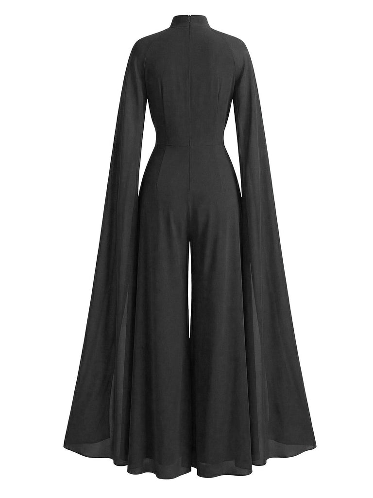 1930er Satin Langarm Rüschen Saum Gerafft Jumpsuit