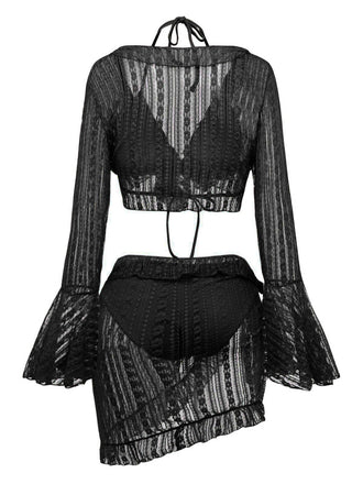 Vorder- und Rückansicht des dreiteiligen Bikini-Sets mit Glockenärmeln in elegantem Schwarz.