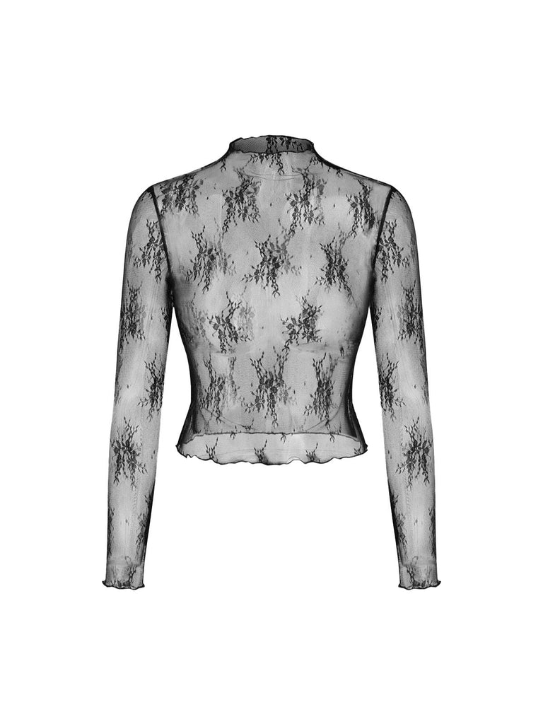 Rückansicht des schwarzen Jumpsuit-Sets aus Spitzentop und Trägertop, die den hohen Kragen und die klare Silhouette zeigt.