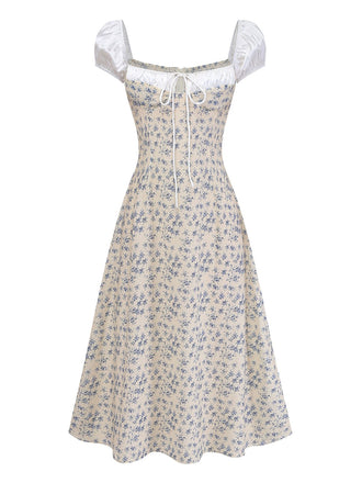 Blau 1940er Blumen Farbblock Schleife Kleid