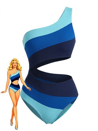 Blau-marineblau gestreifter Badeanzug mit Modelillustration auf weißem Hintergrund