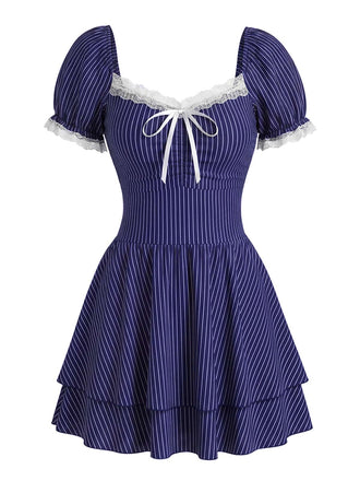 Blau 1940er Pinstripe Spitze Puffärmel Einteiliger Badeanzug