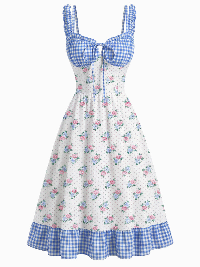 Blau 1950er Blumen Gingham Kariertes Trägerkleid