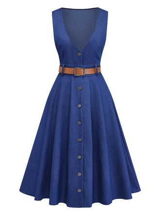 Blau 1950er Jeansstoff Gürtel Midi Kleid