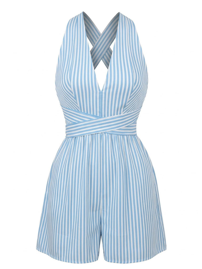 Blauer, gestreifter, ärmelloser Jumpsuit im Stil der 1950er Jahre mit V-Ausschnitt und gekreuzten Gürteln – Vintage-Jumpsuit, Retro-Mode