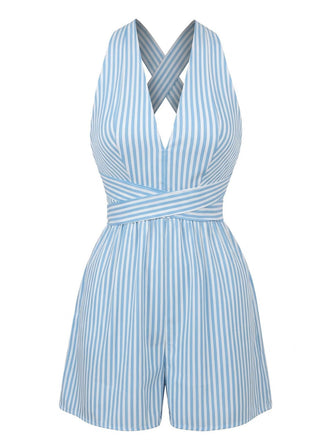 Blauer, gestreifter, ärmelloser Jumpsuit im Stil der 1950er Jahre mit V-Ausschnitt und gekreuzten Gürteln – Vintage-Jumpsuit, Retro-Mode
