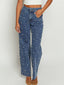 Blau 1960er Denim Perlen Gerades Bein Offener Saum Hose