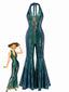 Blau 1960er Halter Metallic Irisierend Ausgestellt Jumpsuit