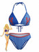 Ein zweiteiliges Bikini-Set mit blau-hellblauem, vertikal gestreiftem Muster und roten Hummermotiven, bestehend aus einem dreieckigen Neckholder-Oberteil und passendem Höschen.
