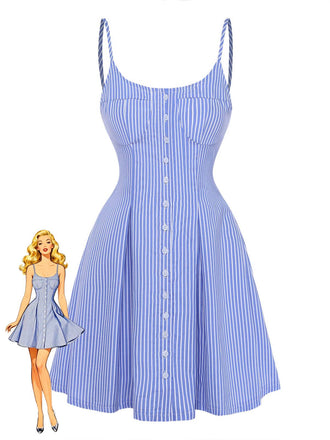 Blau-weiß gestreiftes Kleid mit einer Comicfigur, die es trägt, vor weißem Hintergrund