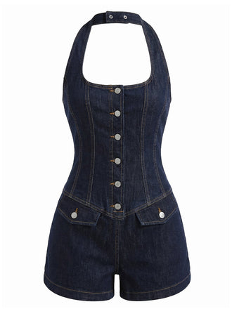 Blauer Denim-Overall im Stil der 1970er Jahre mit Neckholder und Korsett-Taille – Vintage-Jumpsuit, Retro-Mode