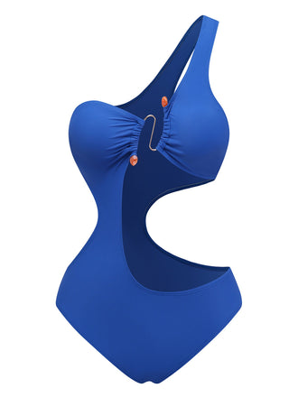 Vorderansicht eines einseitig schulterfreien Badeanzugs mit trendigem, asymmetrischem Design für stilvolles Entspannen am Pool.