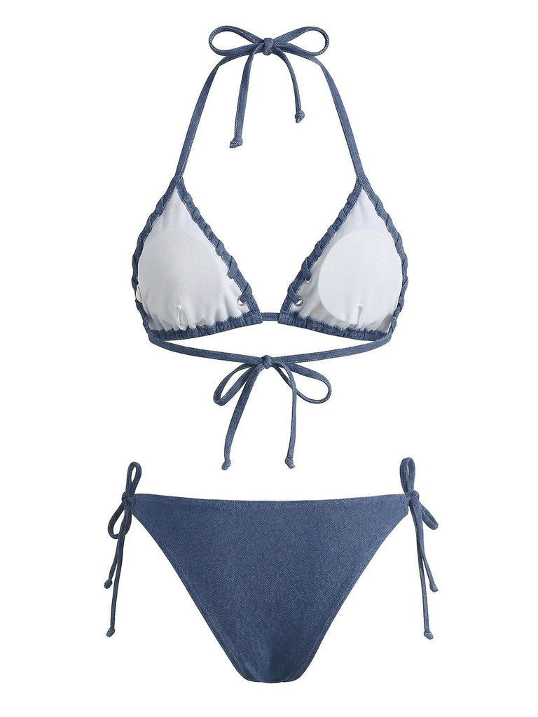 Blau 1970er Imitiert Denim Halter Ösen Bikini Set