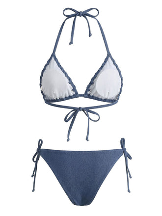 Blau 1970er Imitiert Denim Halter Ösen Bikini Set