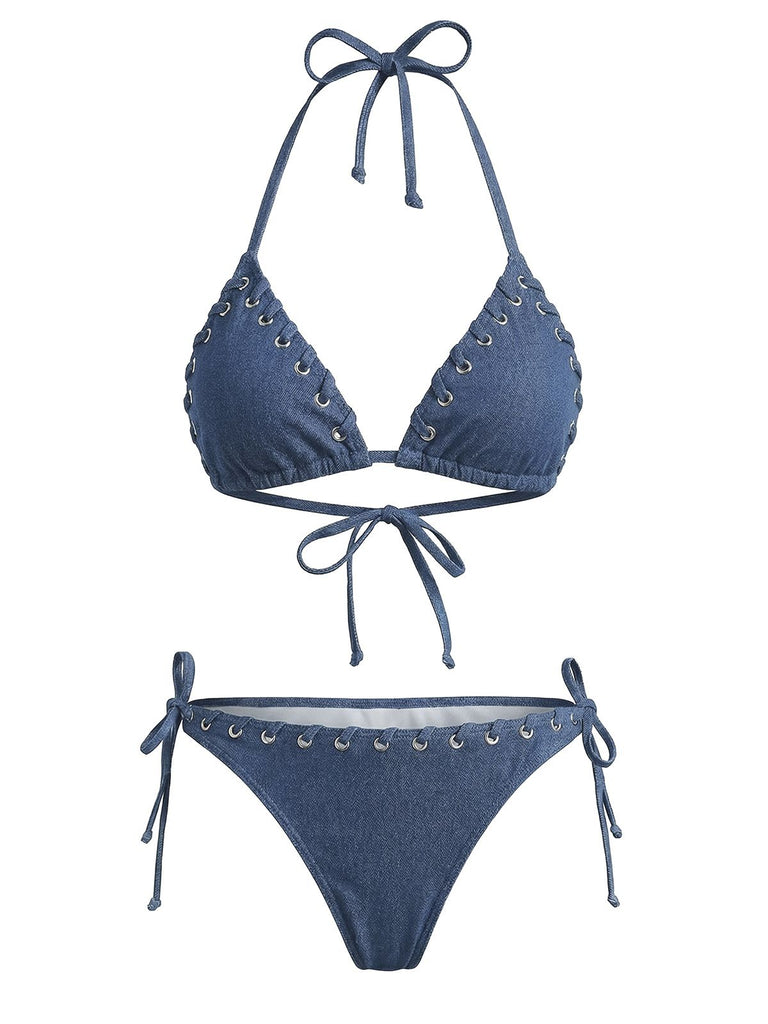 Blau 1970er Imitiert Denim Halter Ösen Bikini Set