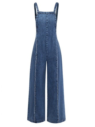 Weite, blaue Denim-Latzhose aus den 1970er-Jahren mit ausgefransten Kanten für einen klassischen, retro-inspirierten Streetwear-Look