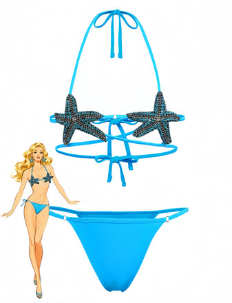 Blaues zweiteiliges Bikini-Set mit Seesternmuster aus den 1980er Jahren