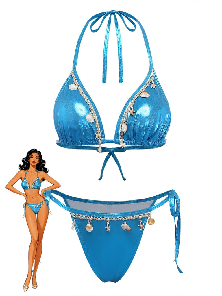Blaues Metallic-Bikini-Set aus den 1980er Jahren mit Muschelmuster und Neckholder