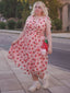 Rosa 1950er Erdbeer Netz Swing Kleid