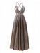 Elegantes, braunes, metallisch schimmerndes Abendkleid im Stil der 1930er Jahre mit tiefem V-Ausschnitt und Cut-out-Details, ideal für Vintage-Partys und formelle Feierlichkeiten.