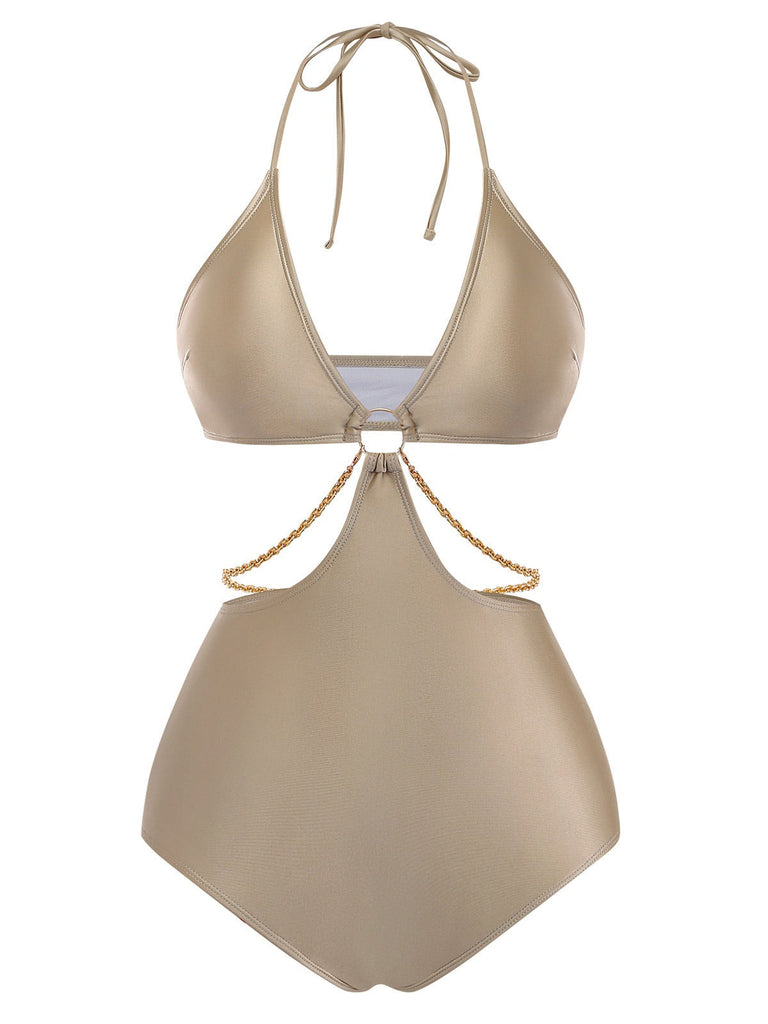 Neckholder-Badeanzug mit Cut-out, Vorderansicht, die eine schmeichelhafte Silhouette zeigt, perfekt zum Schwimmen und Sonnenbaden im Sommer.