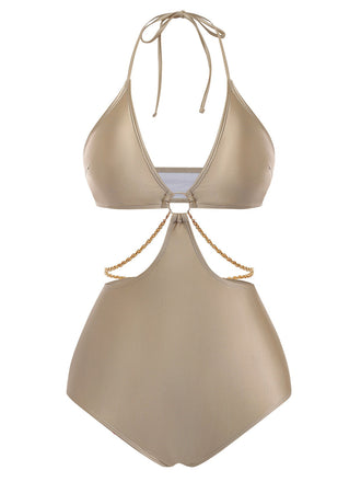 Neckholder-Badeanzug mit Cut-out, Vorderansicht, die eine schmeichelhafte Silhouette zeigt, perfekt zum Schwimmen und Sonnenbaden im Sommer.